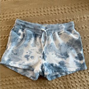 Blue and White Athletic Shorts with Tie-Dye Design